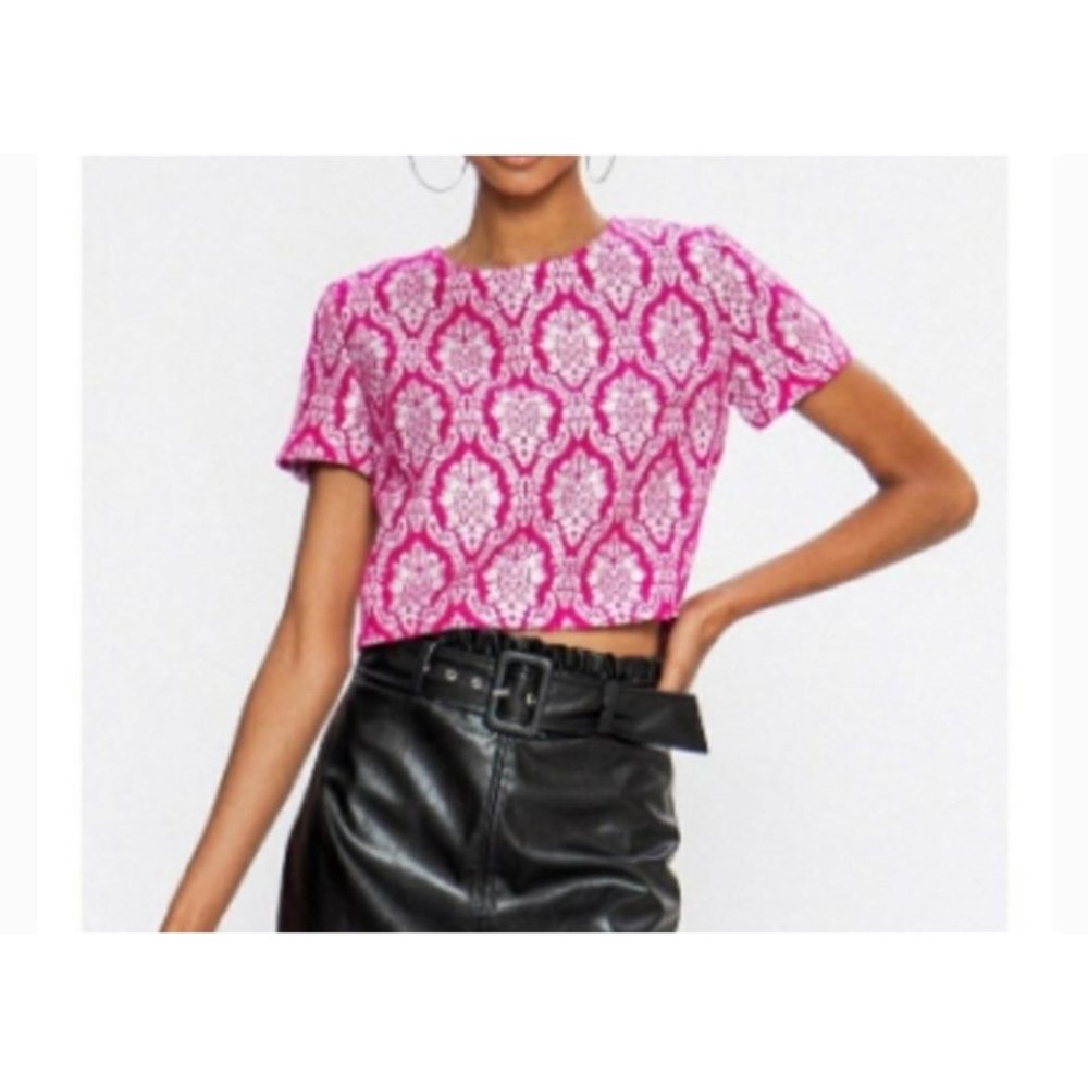 Jealous Tomato Fuchsia White Jacquard Crop Top Size Large